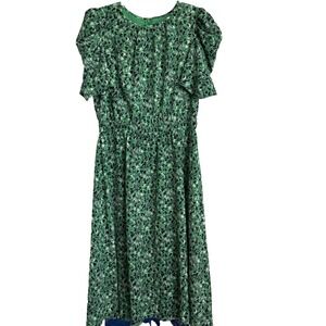 Maggy London Blouson A-Line Dress Green Blue Midi Sz 14 Floral Retro Cottagecore